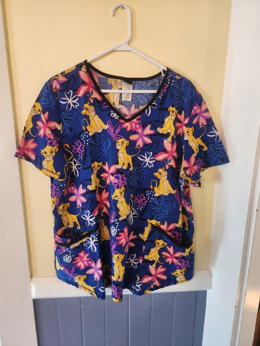 Disney Blue Simba Print Short Sleeve Scrub with Pink Floral Accents